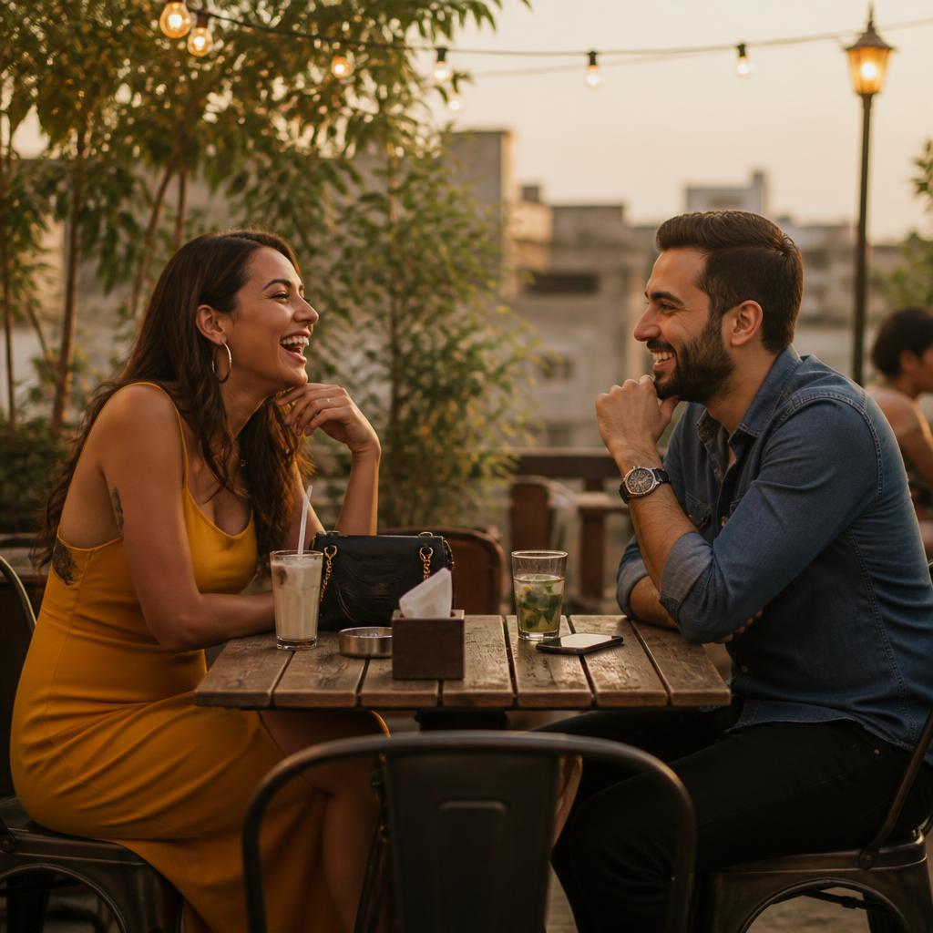 Transgender woman and man laughing on a first date at an outdoor bistro