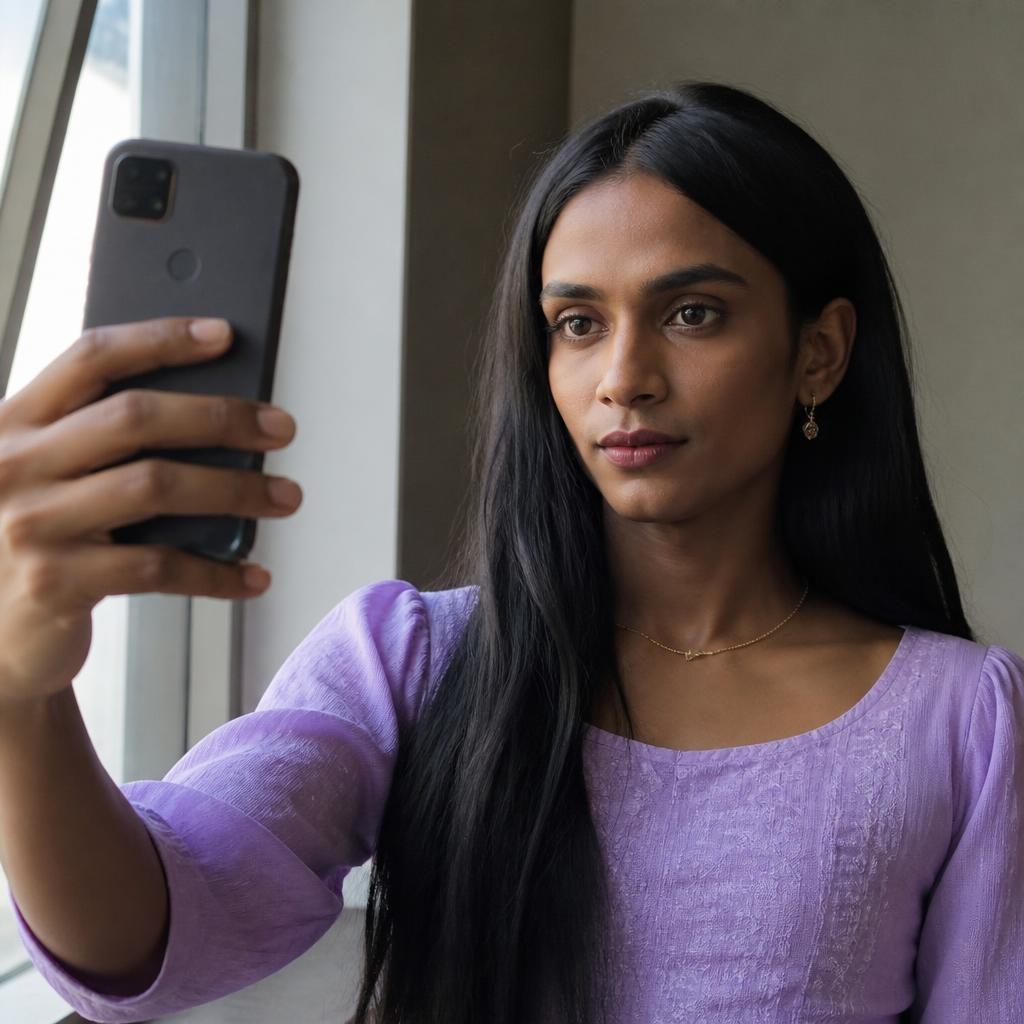 Transgender woman taking a live selfie verification photo for her dating profile