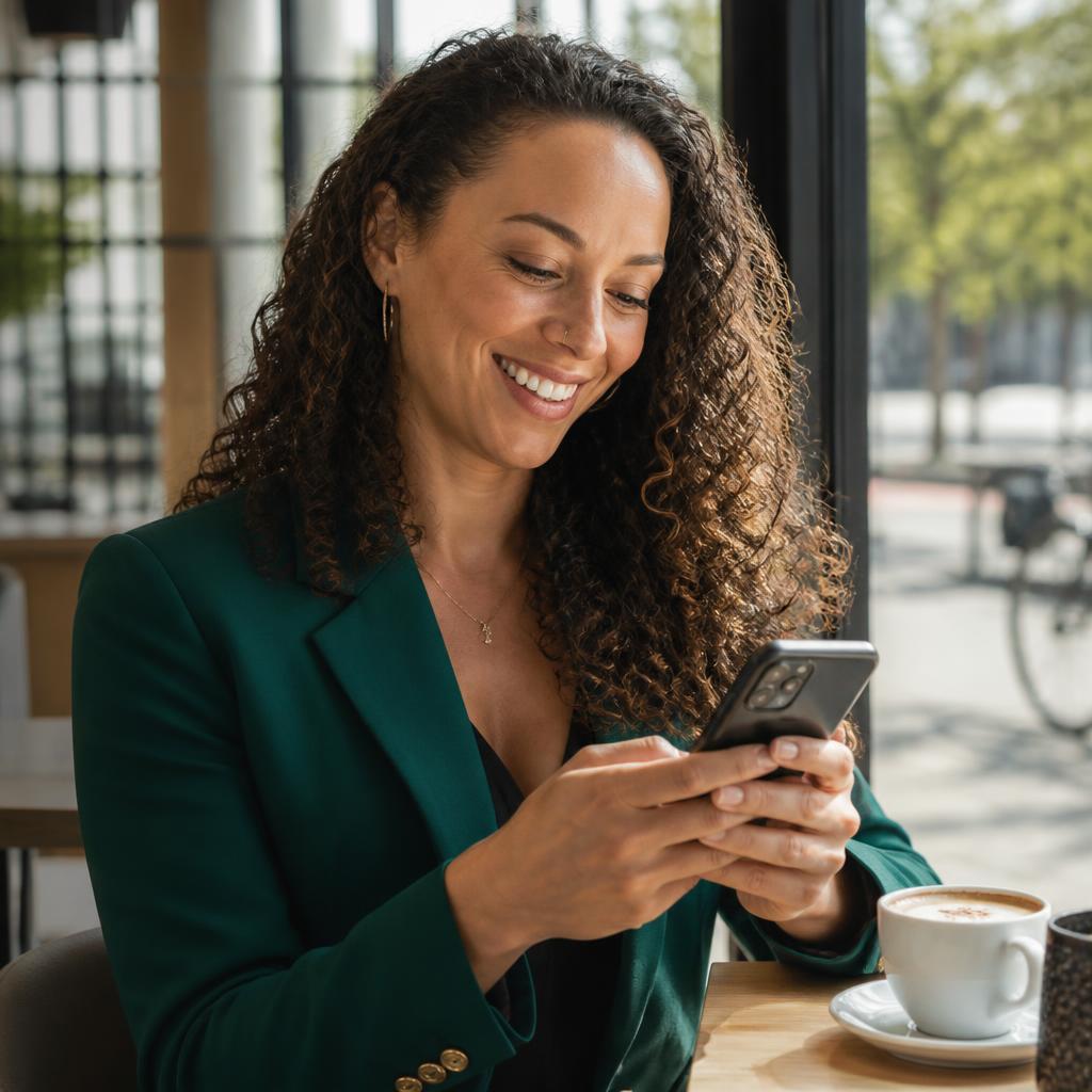 Transgender woman smiling at a message on her phone in a sunlit cafe