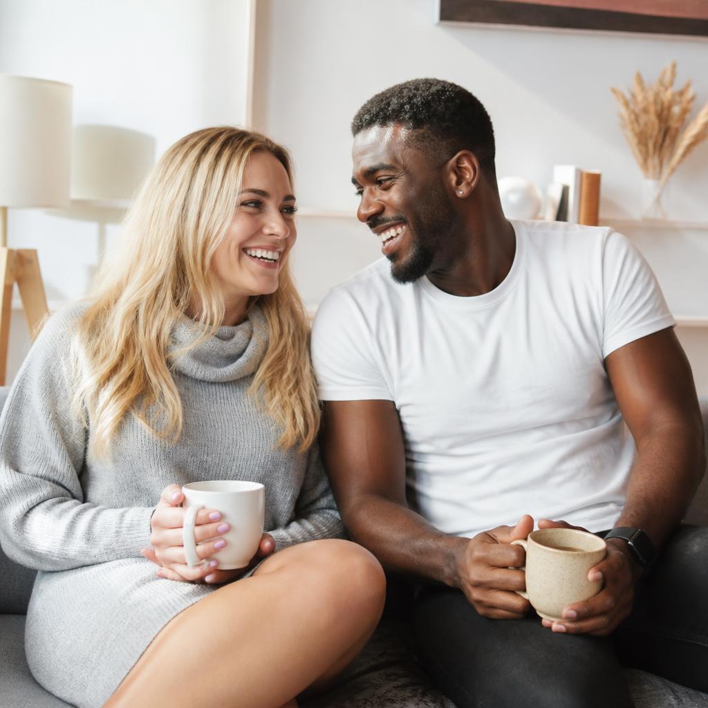 Transgender woman and her boyfriend laughing together at home with coffee