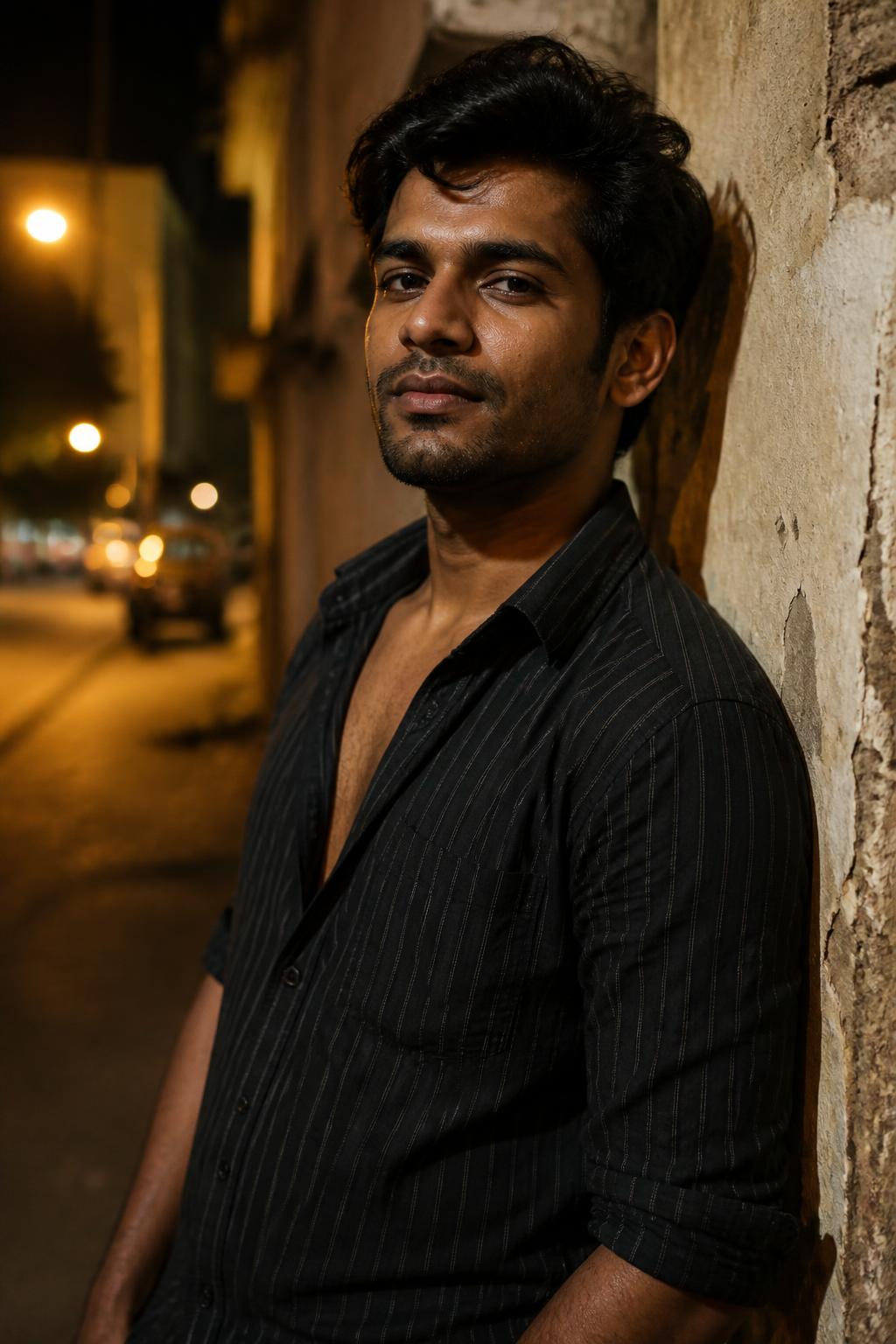 South Asian man leaning against a wall on a warm evening street