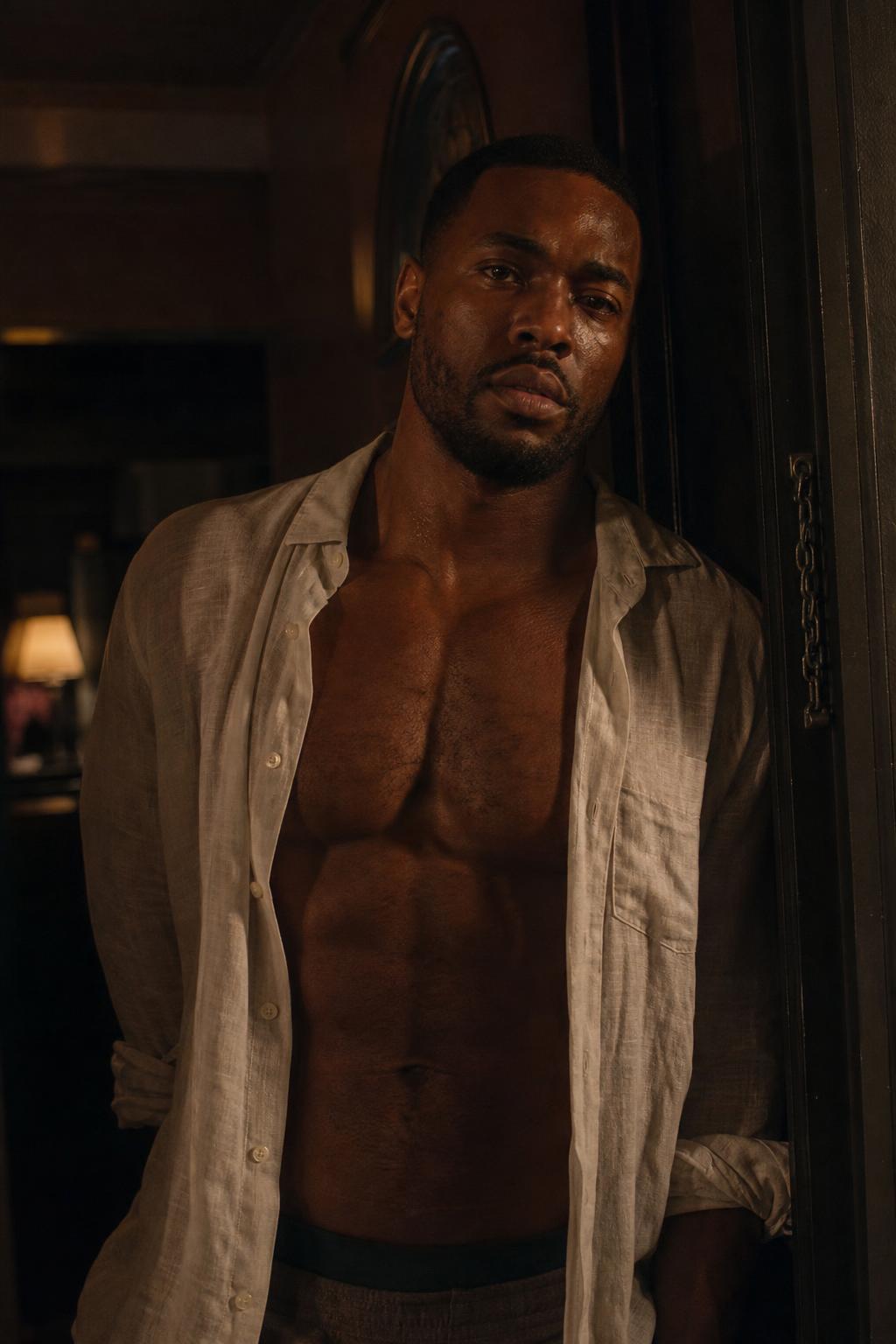 Muscular Black man in an open linen shirt in warm evening light
