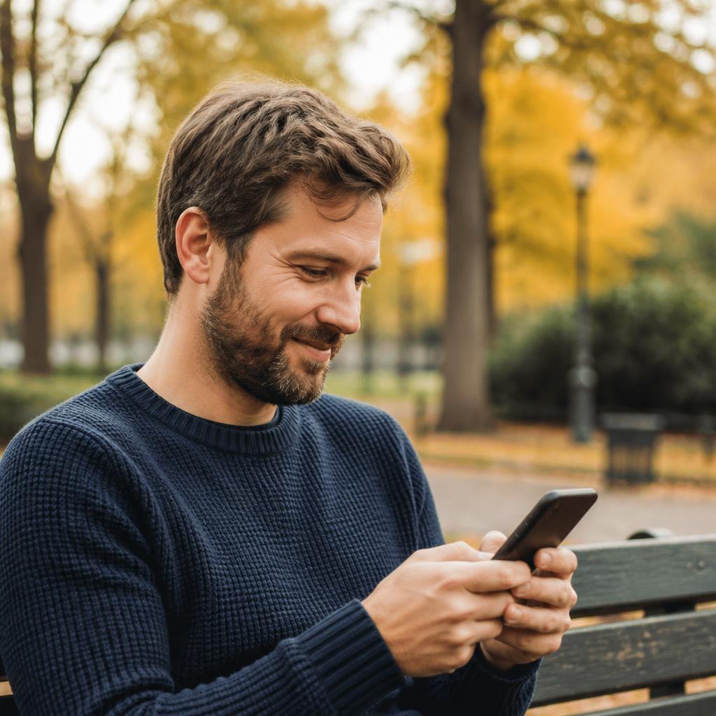 Man smiling while messaging on a transgender dating app on a park bench